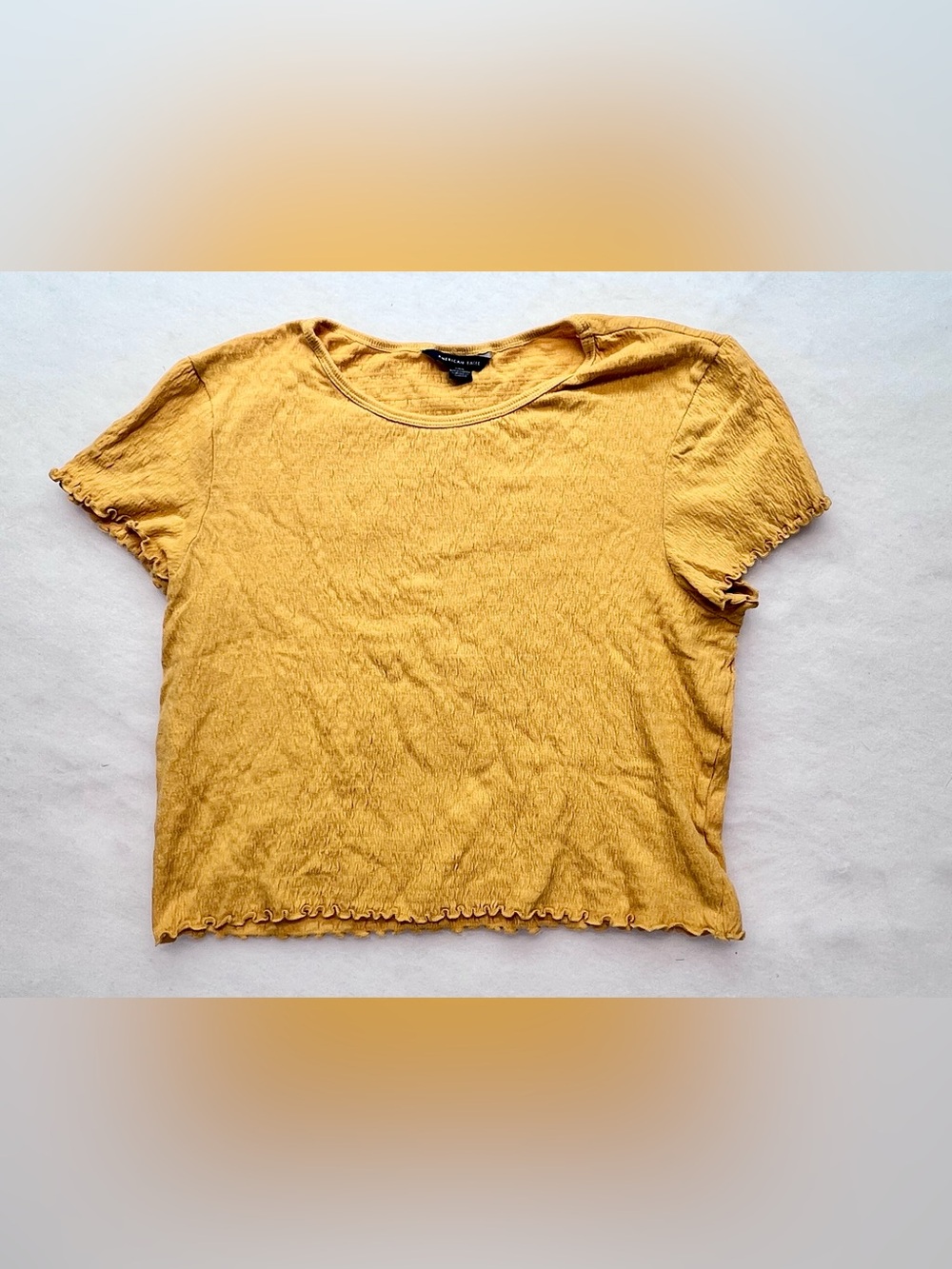 American Eagle | smocked lettuce edge t-shirt, Yellow- Lg